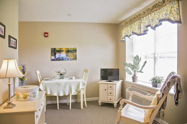 A cozy living room with a dining area, TV, and potted plants near a large window.