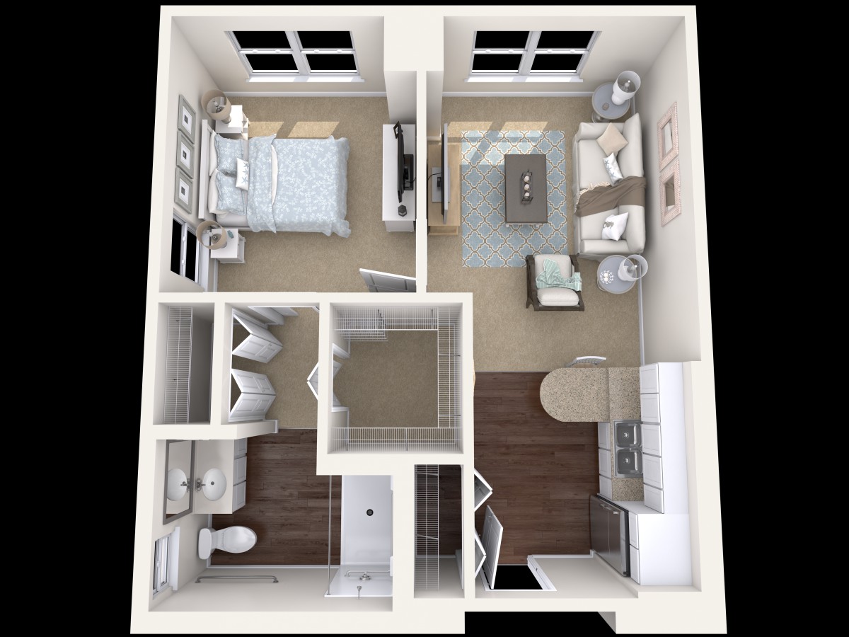 3D floor plan of a compact apartment featuring a bedroom, living room, kitchen, and bathroom.