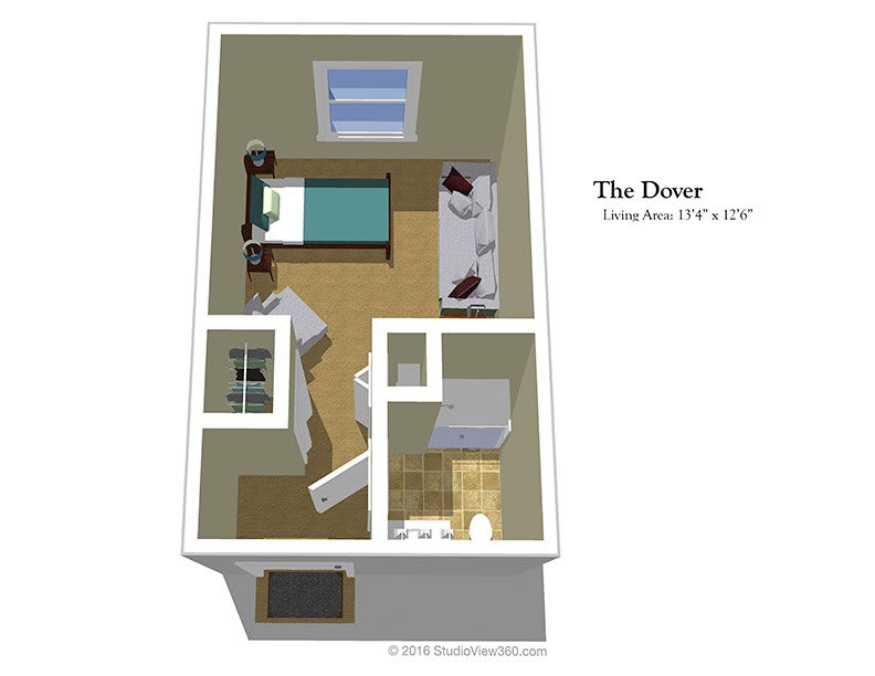 3D floor plan of a compact living space with a bed, desk, and bathroom.