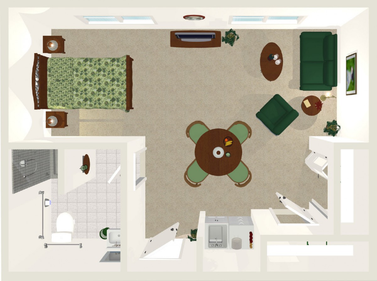 A top view of an apartment floor plan displaying a living room, bedroom, kitchen, and bathroom layout with furniture.