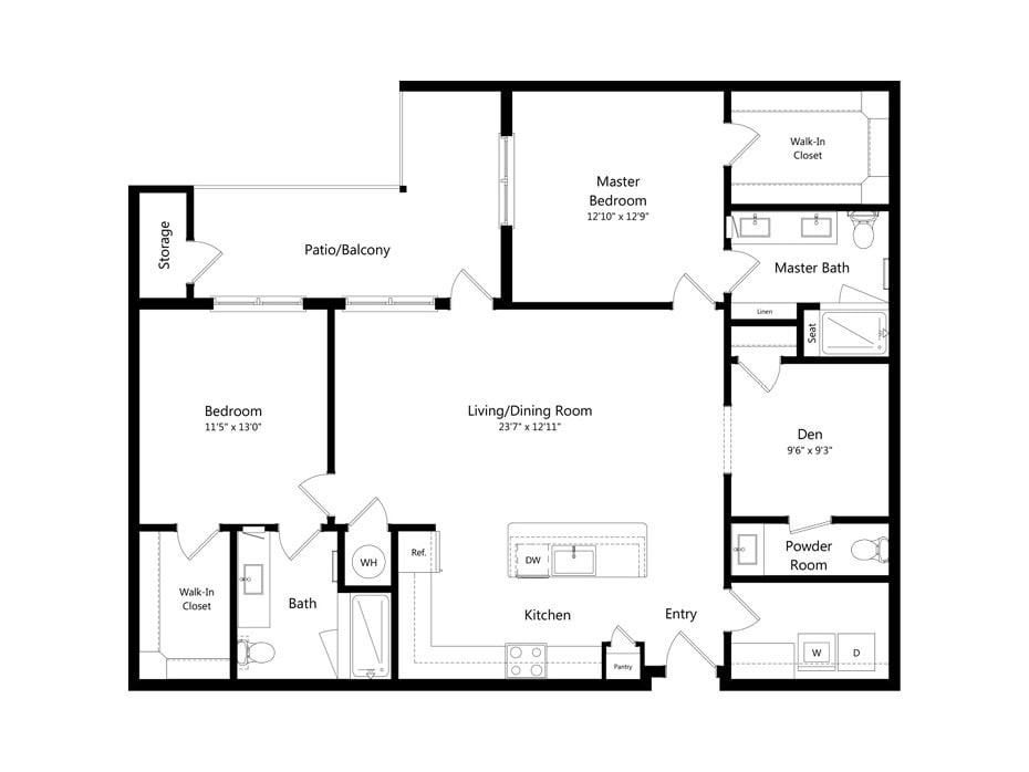 This image shows a detailed floor plan of an apartment, including various rooms like the kitchen, living area, bedrooms, bathrooms, and closets.