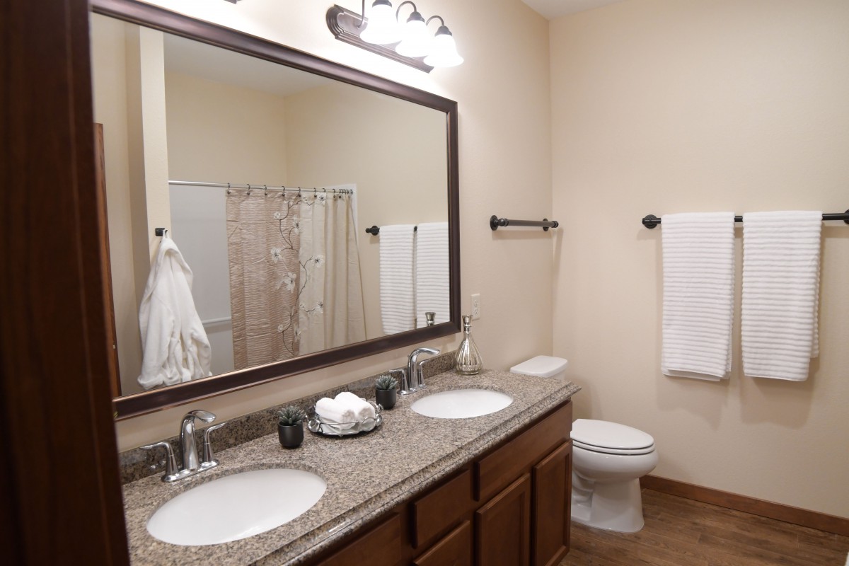 A modern bathroom featuring a double sink with a granite countertop, a large vanity mirror, and a shower area.