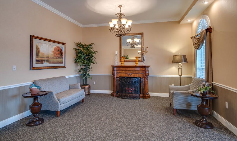 A cozy living room featuring a fireplace, two sofas, and elegant decor.