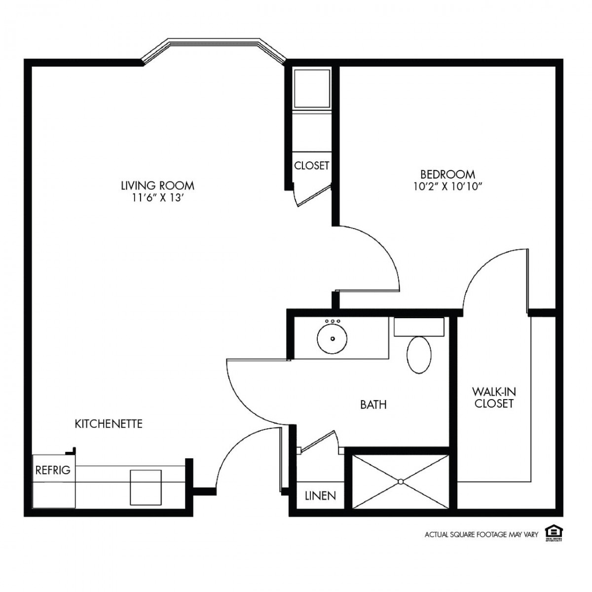 A one-bedroom apartment floor plan with designated living, kitchen, bath, and closet areas.