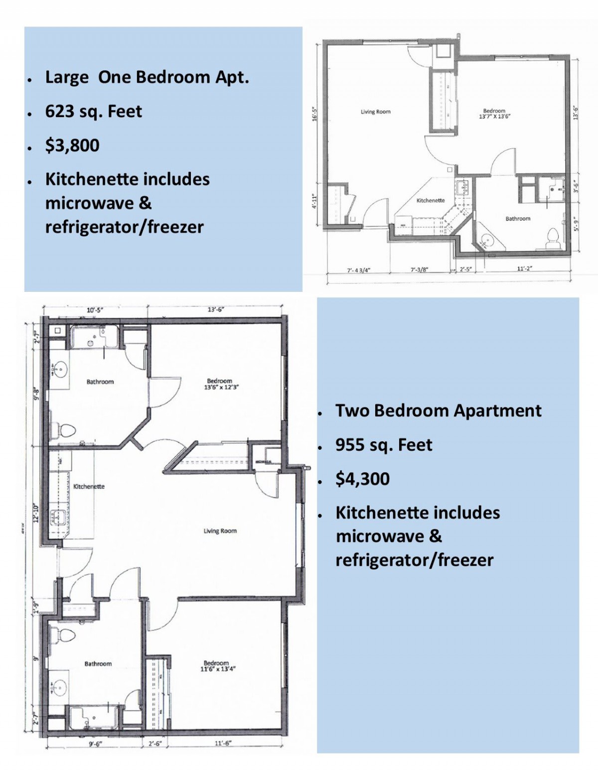 Comparison of studio and two-bedroom apartment layouts with pricing and included kitchen amenities.