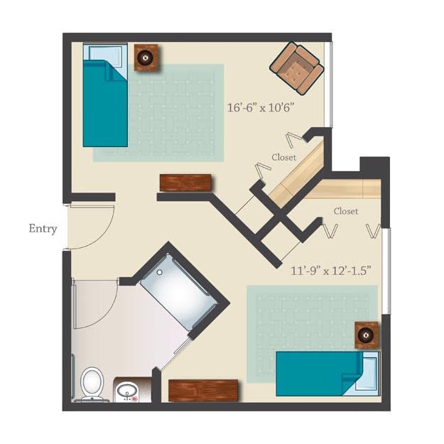 A floor plan depicting a small apartment layout with two bedrooms, furniture, and a bathroom.