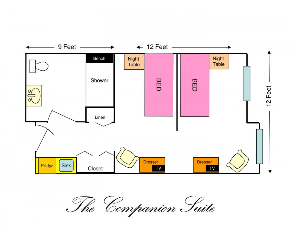 Floor plan of The Companion Suite, featuring two beds, a bathroom, and seating area.