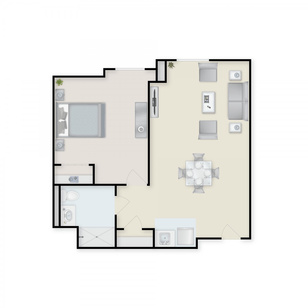 A simple floor plan of a one-bedroom apartment with an open kitchen and living area.