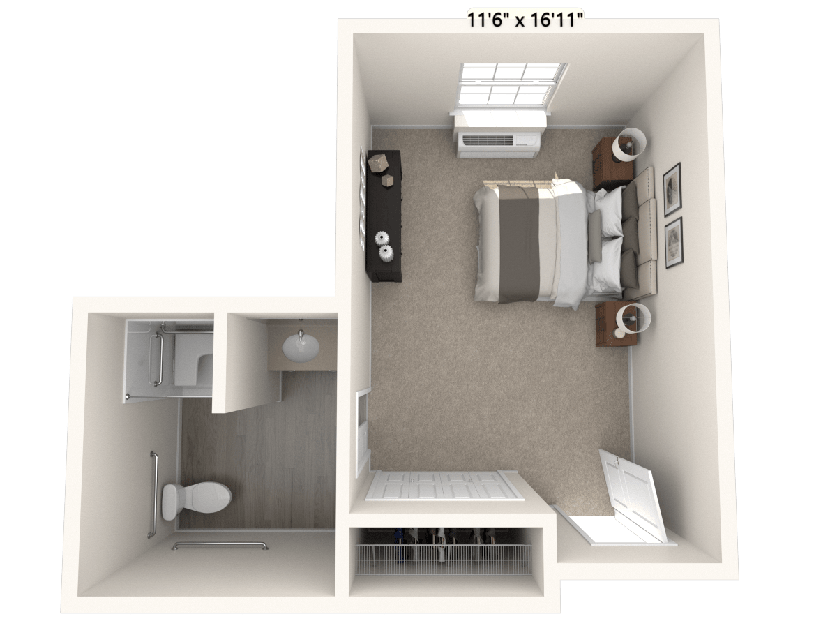 3D floor plan of a bedroom with attached bathroom.
