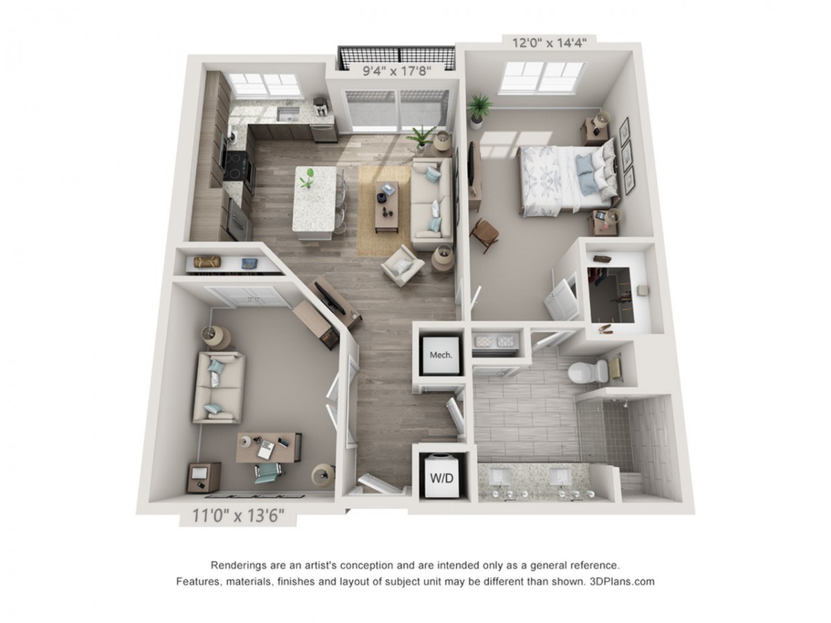 A detailed floor plan of a one-bedroom apartment, showcasing the living room, kitchen, bedroom, and bathroom layout.