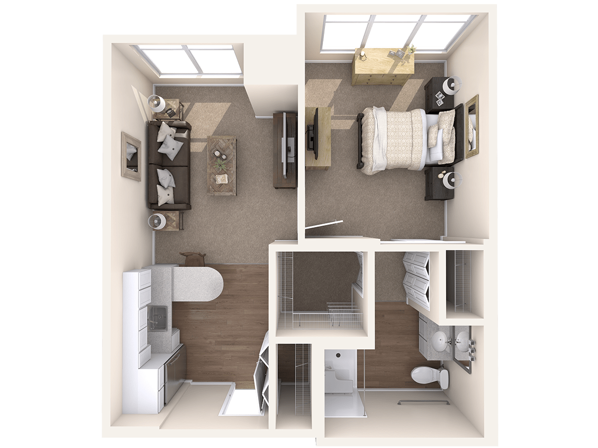 A 3D floor plan of a compact apartment featuring a living room, bedroom, kitchen, and bathroom.