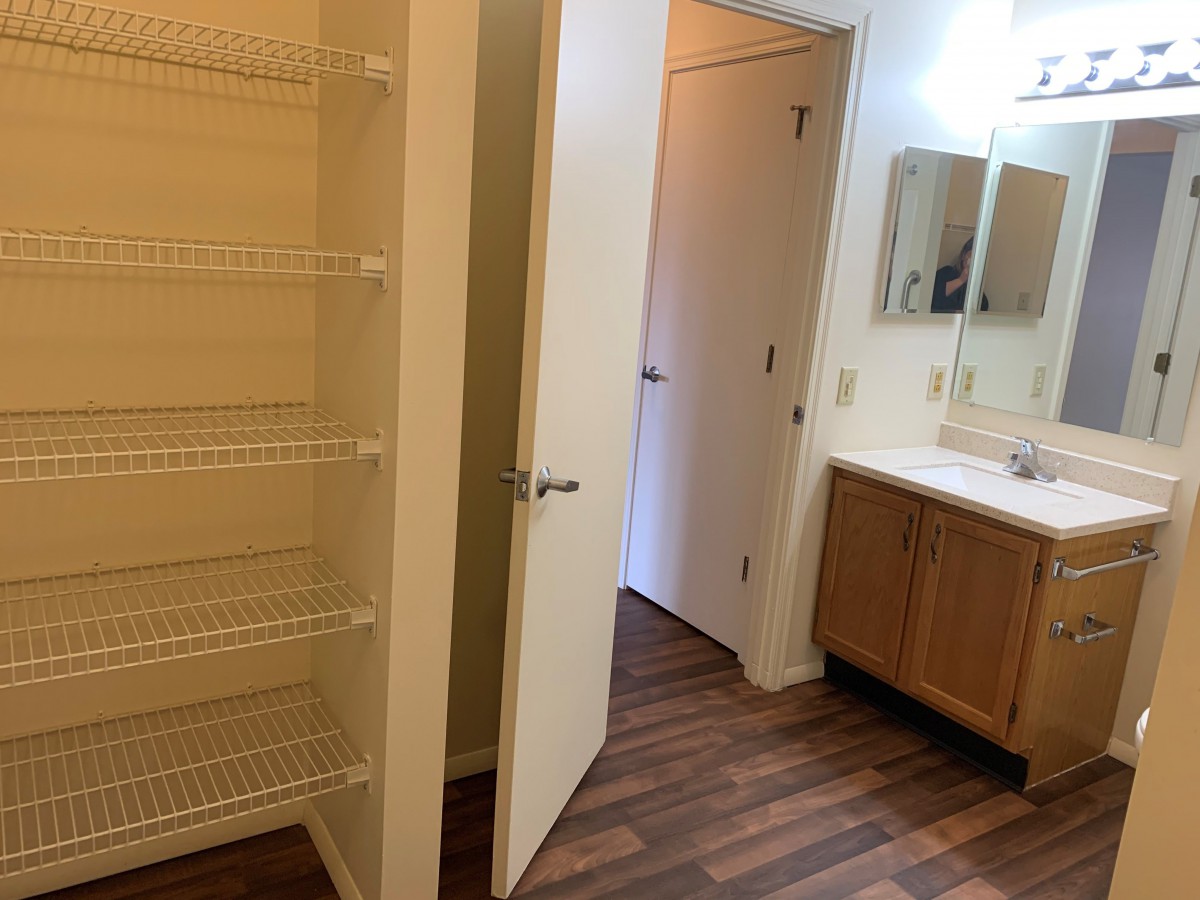 A bathroom featuring shelves, a sink with a mirror, and a door leading to another room.