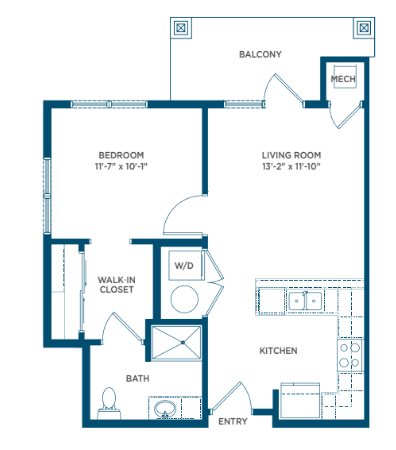 A floor plan of a one-bedroom apartment featuring a living room, kitchen, walk-in closet, bathroom, and balcony.