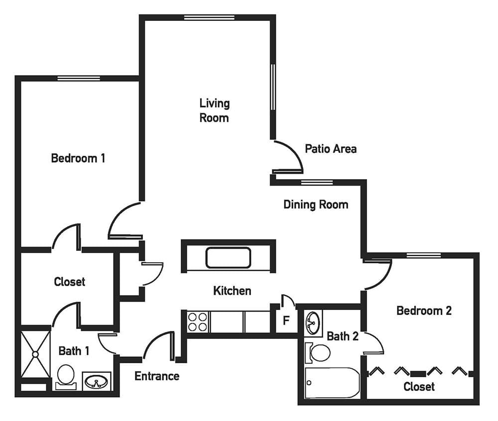A floor plan of a two-bedroom apartment featuring a living room, kitchen, dining room, patio area, and two bathrooms.
