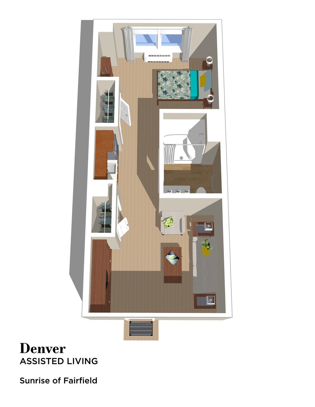 3D floor plan of a modern apartment layout.