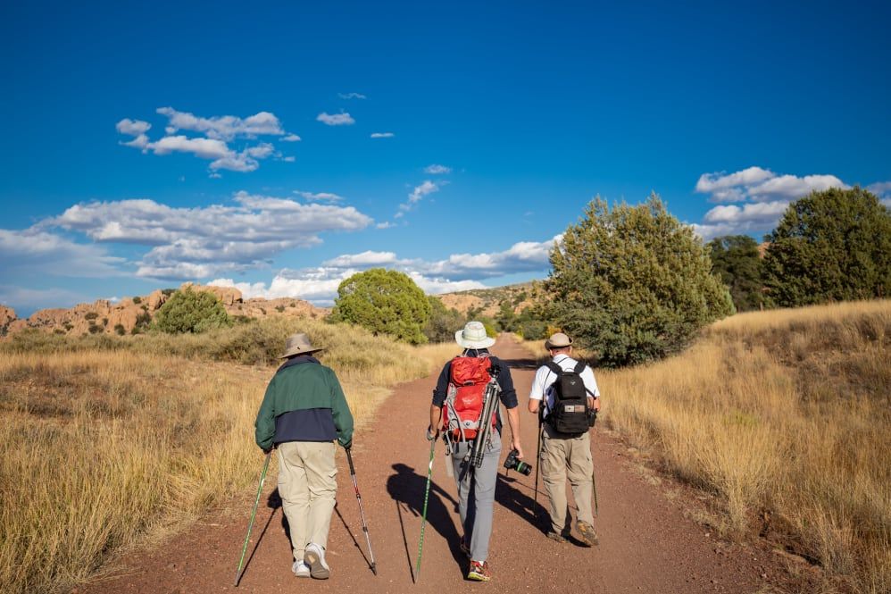 Three people hiking on a scenic trail under a clear blue sky.