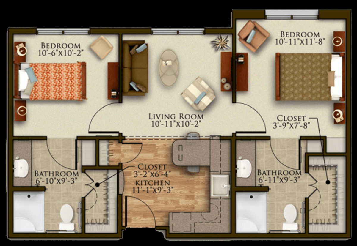 A floor plan of a two-bedroom apartment featuring a living room, kitchen, bathroom, and closets.