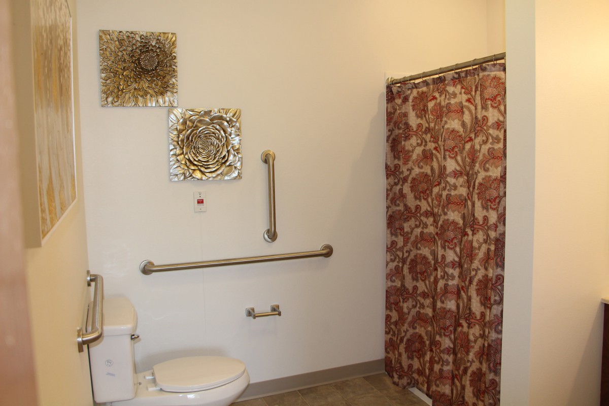 A bathroom with a toilet, decorative wall art, and a patterned shower curtain.