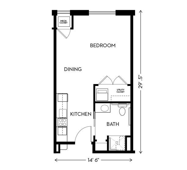 A floor plan of a one-bedroom apartment with a kitchen and bathroom.