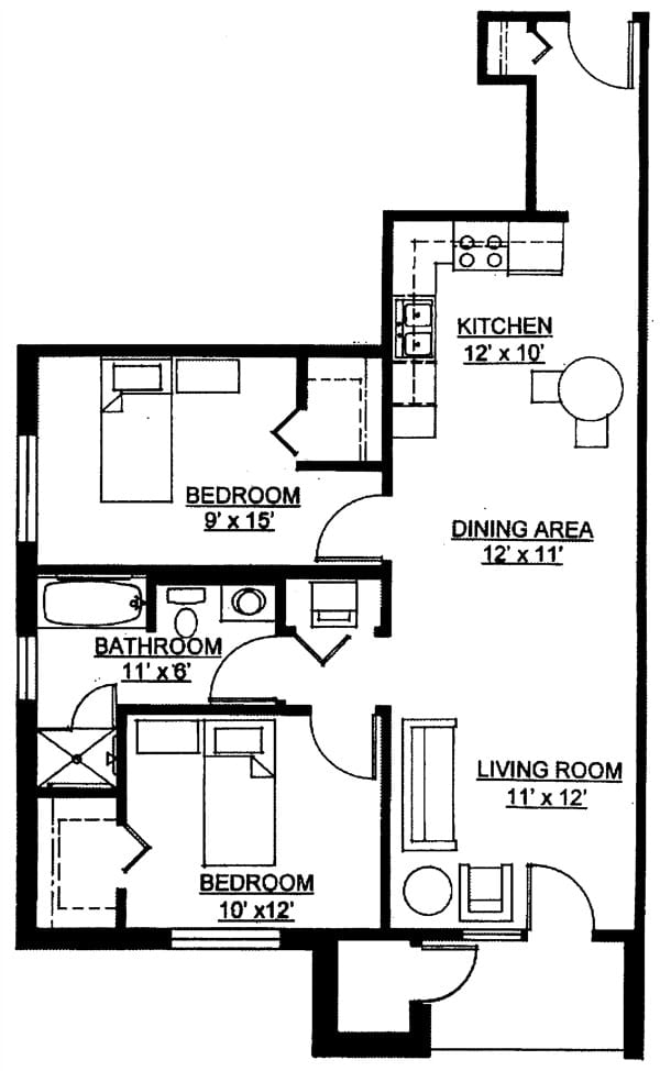 A detailed floor plan of a one-bedroom apartment, including kitchen, dining area, bathroom, and living room.