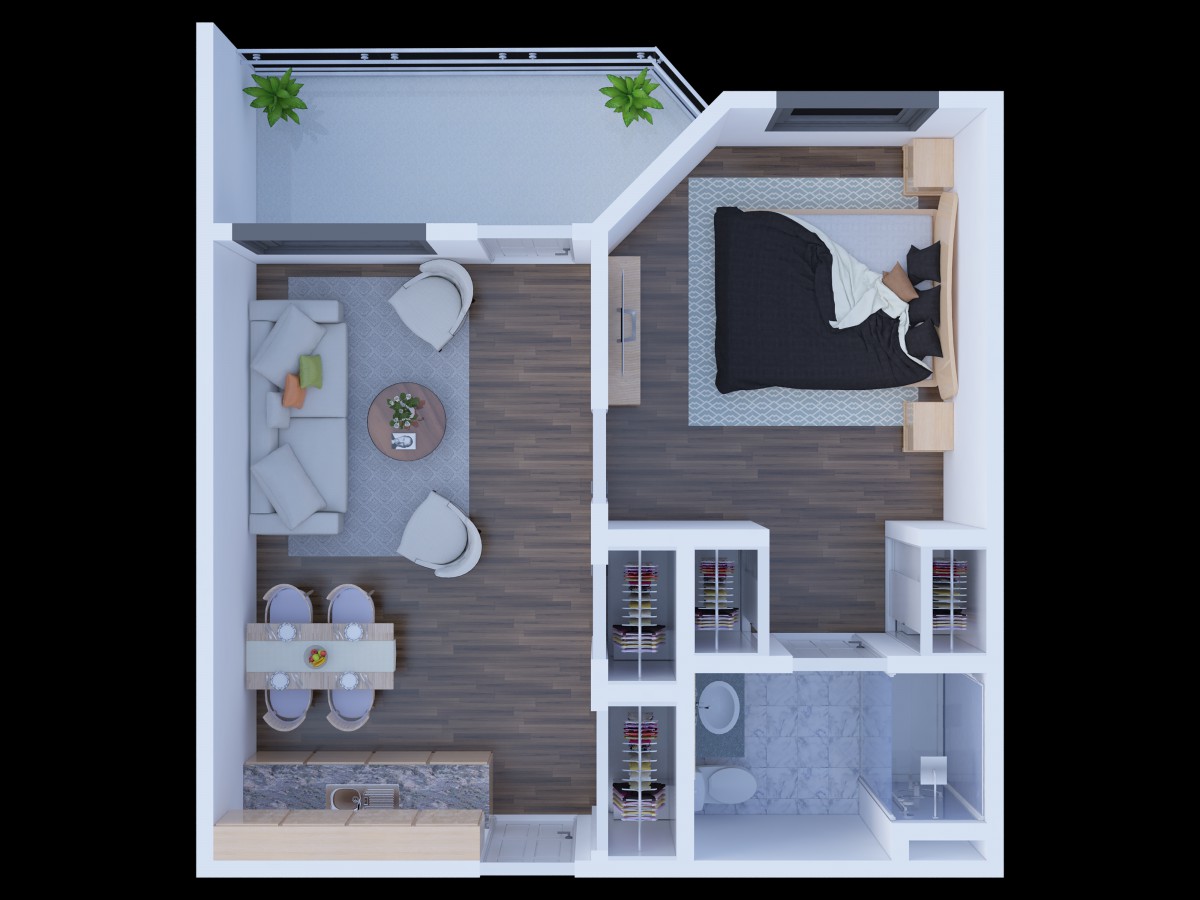 A modern one-bedroom apartment floor plan featuring a living room, kitchen, bedroom, bathroom, and balcony.