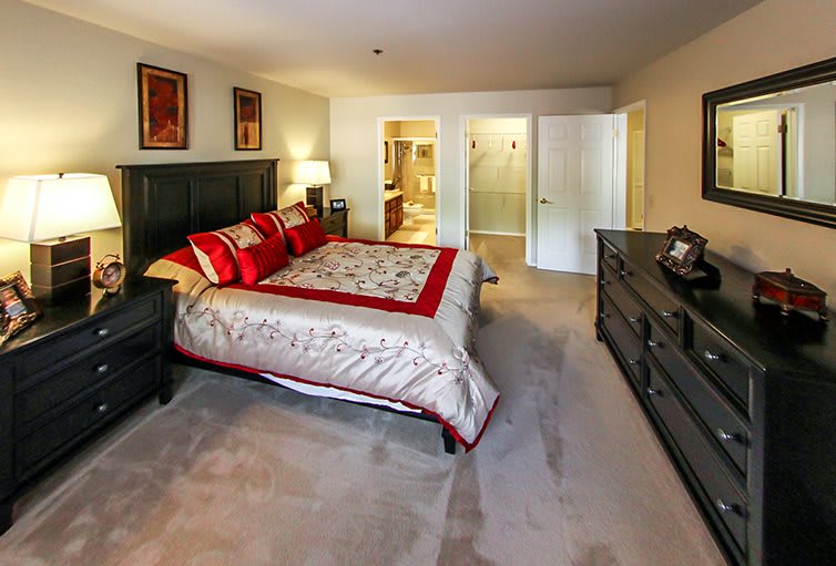 A spacious bedroom with a neatly made bed, elegant decor, and ample lighting.