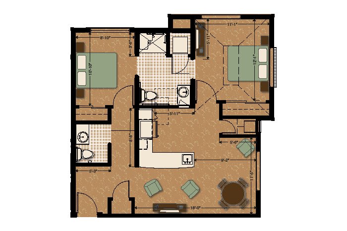 A detailed floor plan of a two-bedroom apartment featuring a living room, kitchen, and two bathrooms.