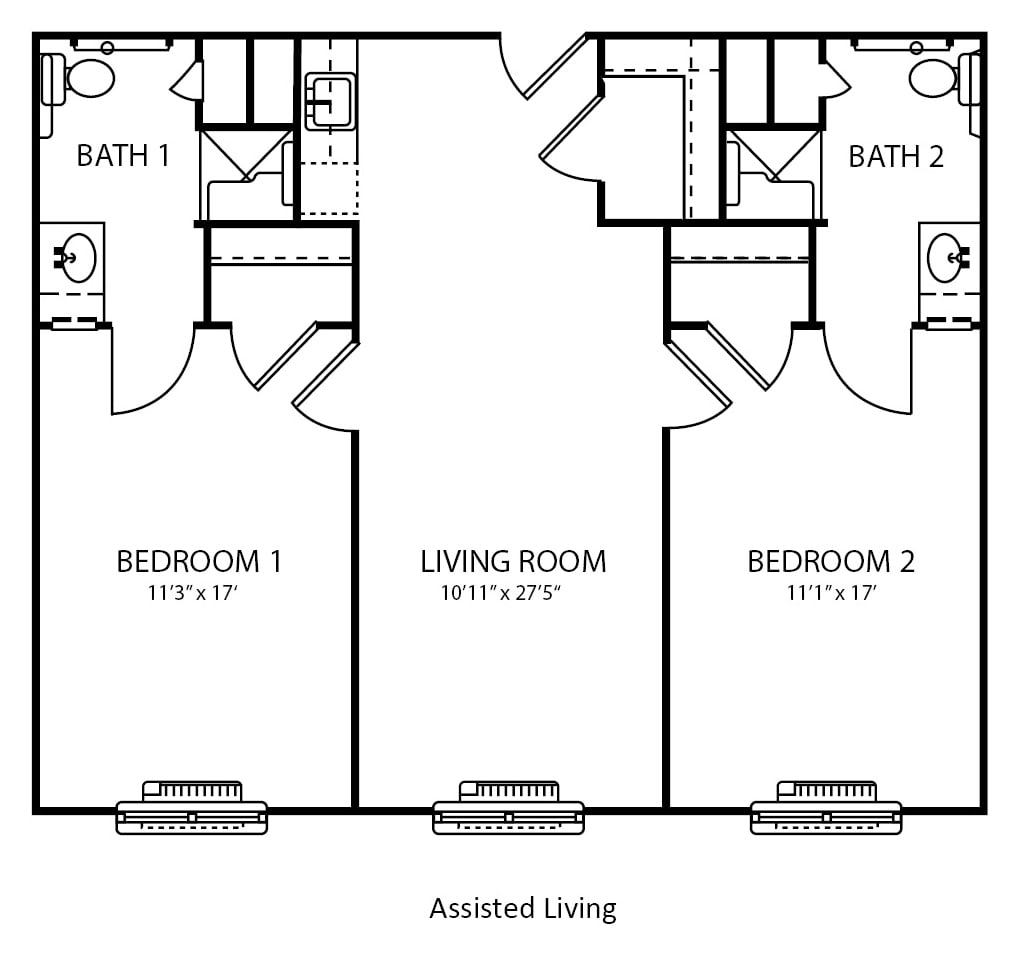 A floor plan for an assisted living space featuring two bedrooms, two bathrooms, and a central living room.