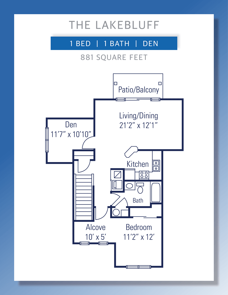 Floor plan of a two-bedroom, one-bath apartment with a den.