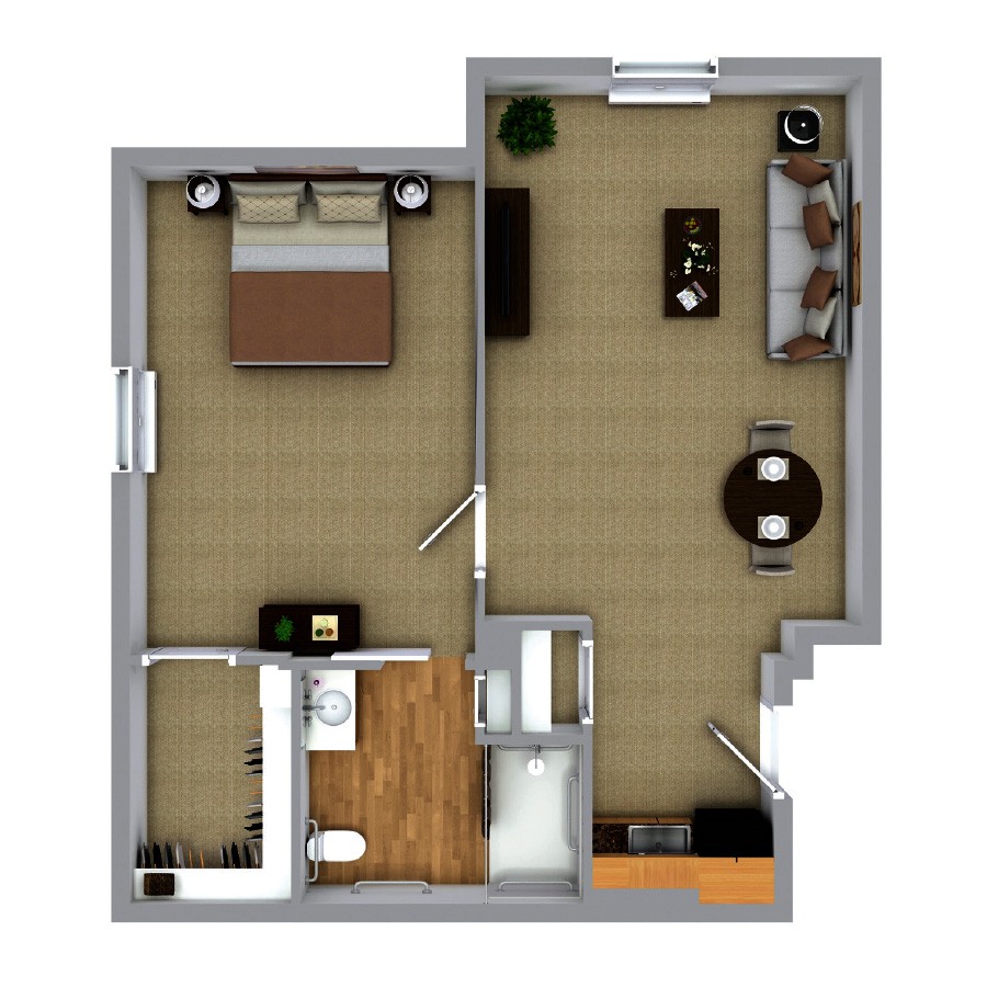 A simple one-bedroom apartment floor plan featuring a living room, kitchen, and bathroom.