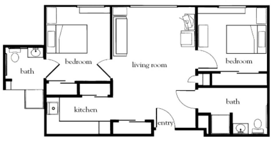 A simple floor plan of an apartment showing the arrangement of a bedroom, living room, kitchen, entryway, and bathroom.