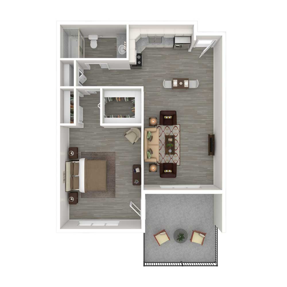 A modern 1-bedroom apartment floor plan with an open living area and kitchen.