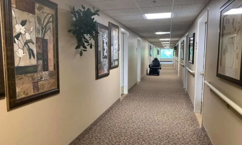 A long corridor with carpeted floors and artwork on the walls.