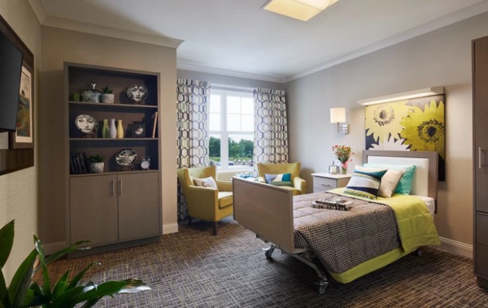 A modern and comfortable hospital room with stylish furnishings, including a bed, seating area, and decorative elements.