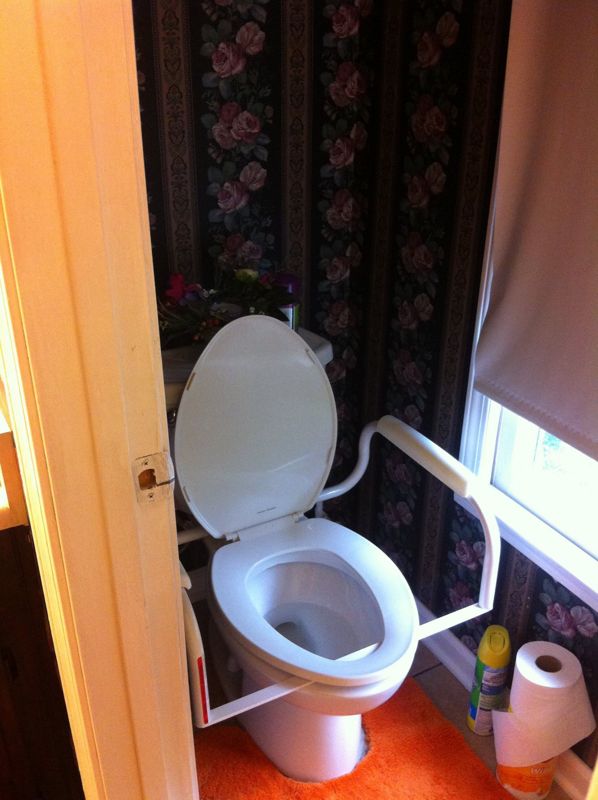 A bathroom with a toilet equipped with handrails for accessibility next to a window.
