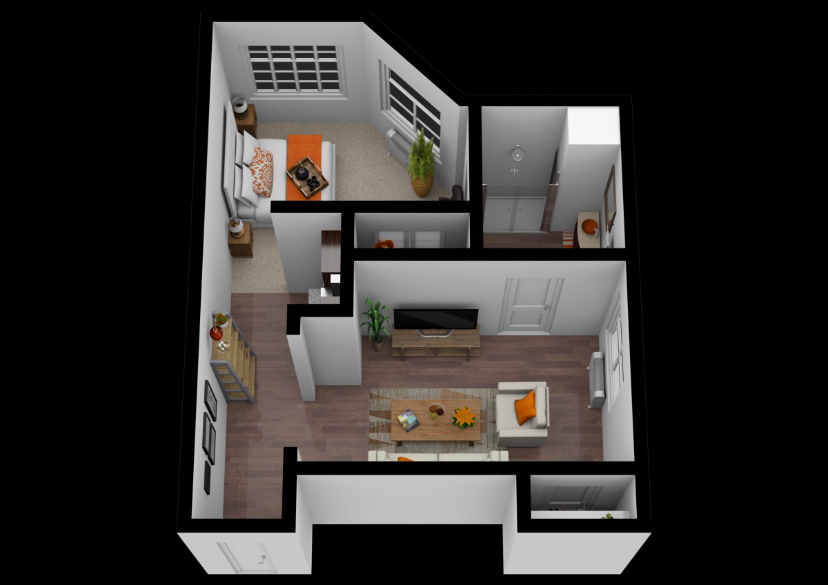A 3D floor plan depicting a compact apartment layout including a living room, bedroom, kitchen, and bathroom.