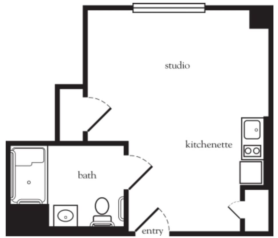 A floor plan of a studio apartment featuring an entry, kitchenette, living area, and bathroom.