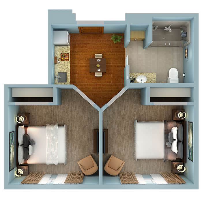 A two-bedroom apartment floor plan with a central living area and adjacent bedrooms.