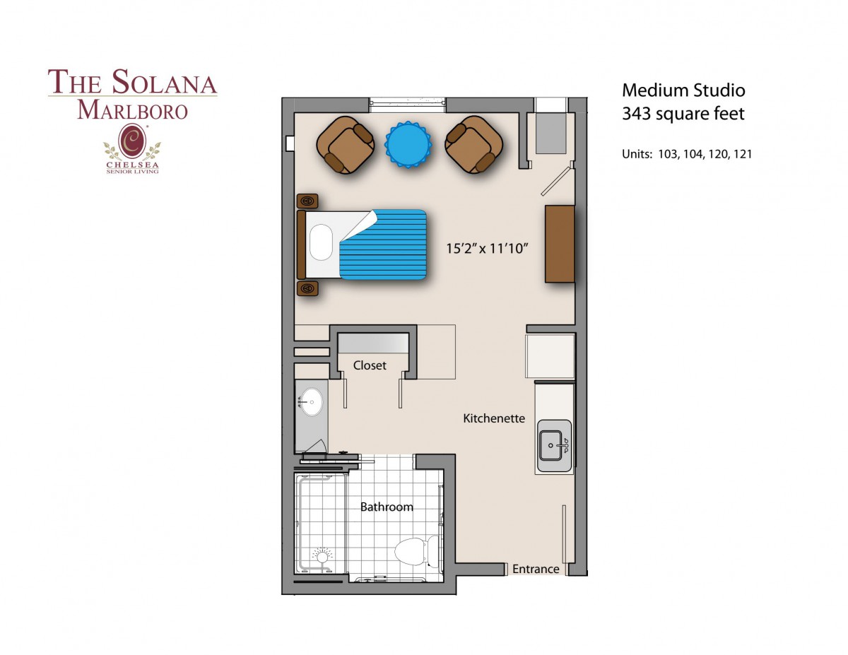 Floor plan of a 365 square feet studio apartment featuring a living area, kitchenette, and bathroom.