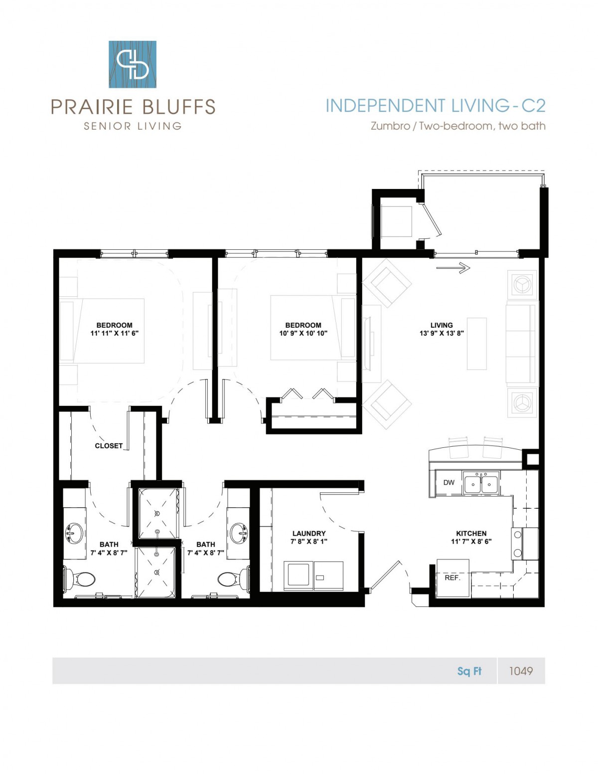A floor plan showing a two-bedroom apartment layout at Prairie Bluffs.