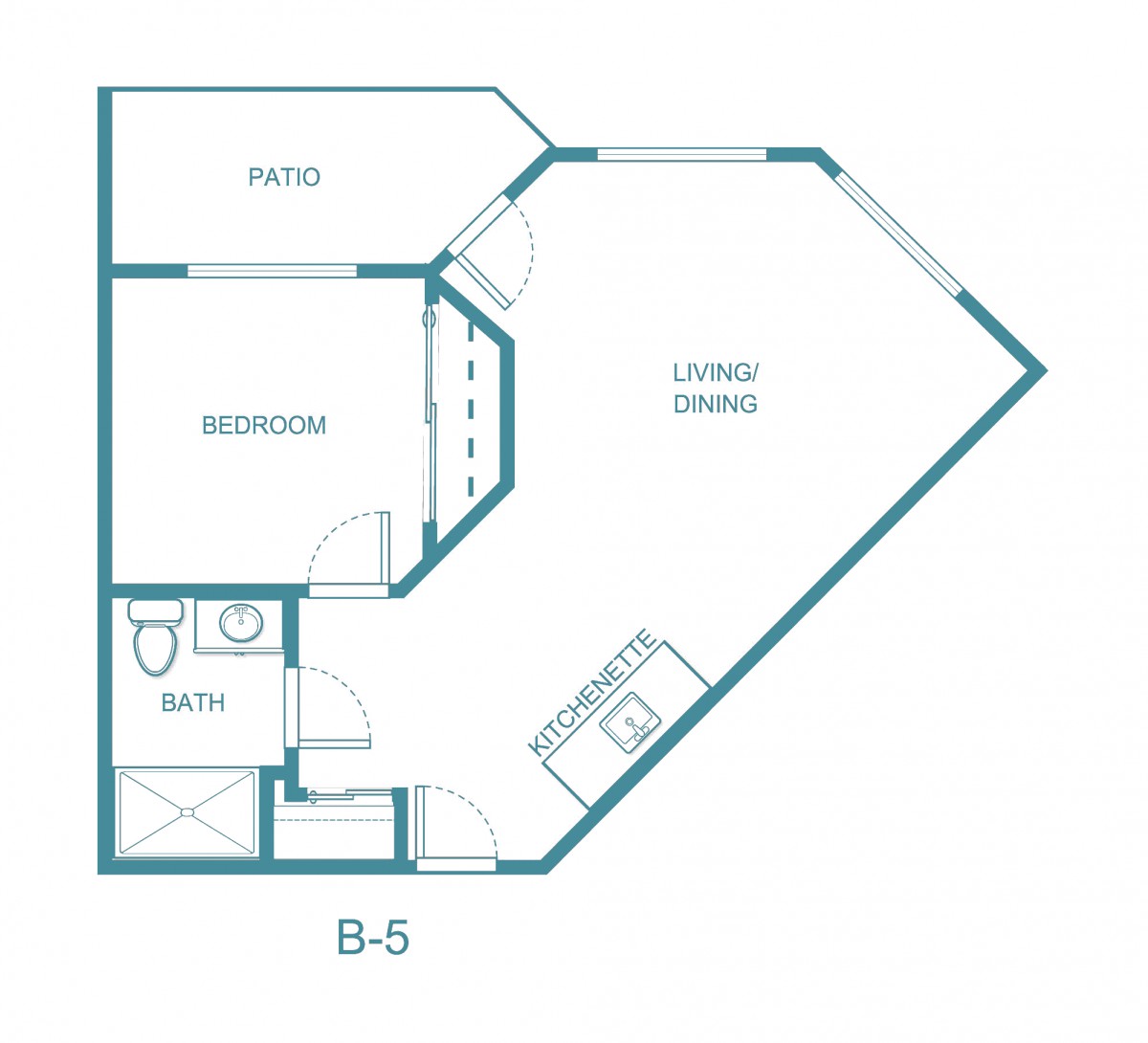 A floor plan of a one-bedroom apartment featuring a living room, kitchen, bathroom, and patio.