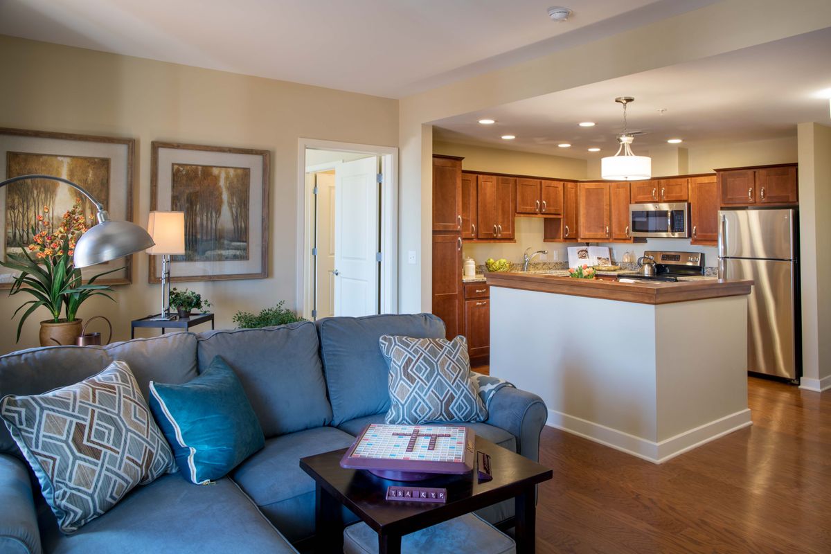 A cozy living room with a view into a modern kitchen, featuring wooden floors and comfortable furniture.