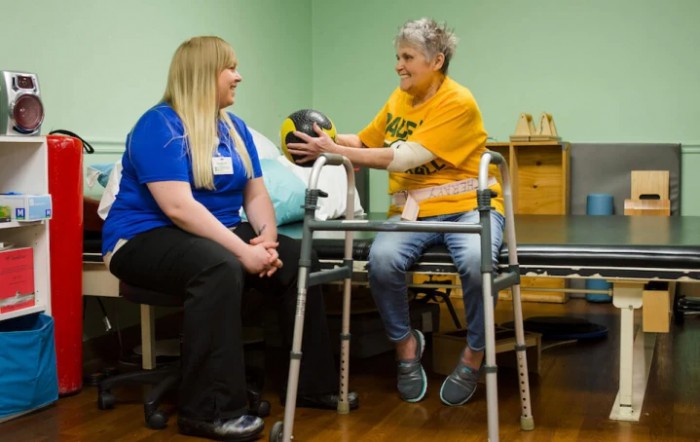An elderly woman engages in physical therapy with a caregiver assisting her, using a walker and an exercise ball.