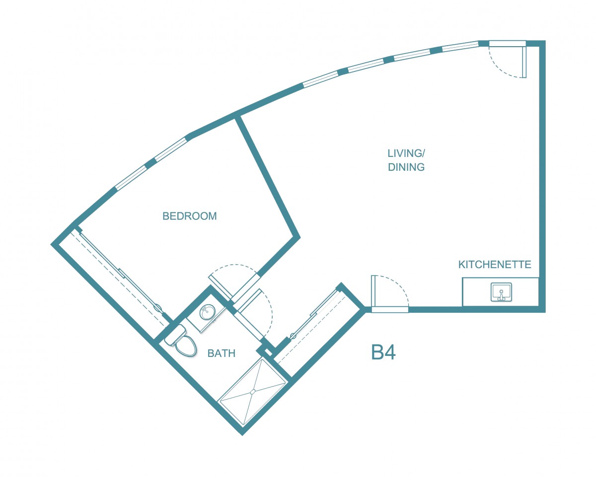 Floor plan of a one-bedroom apartment with living/dining area and bathroom.