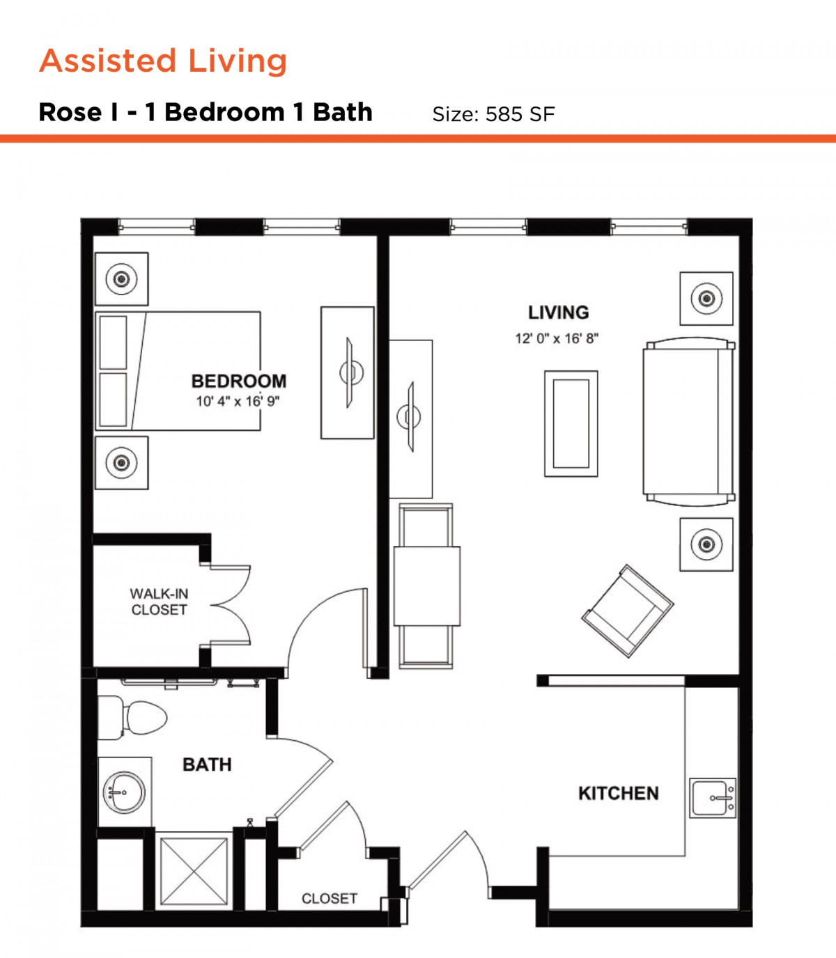 Floor plan of a one-bedroom, one-bathroom apartment labeled 'Rose I' with a living room and kitchen.