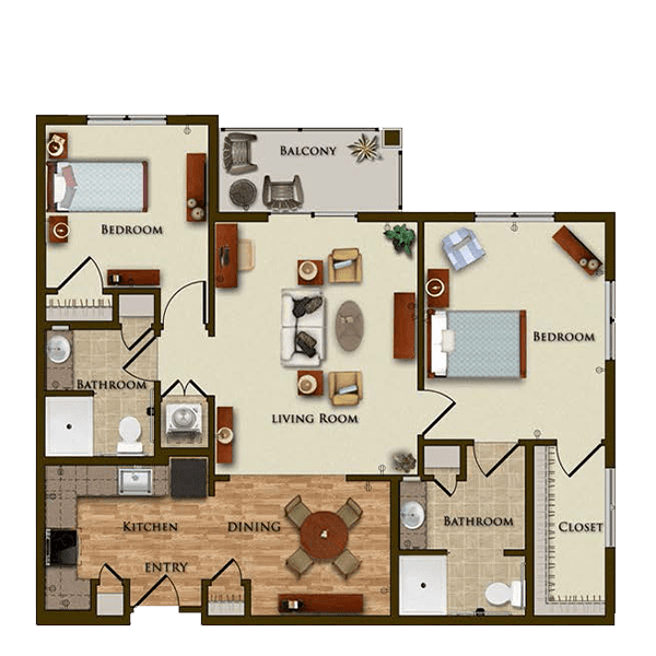 A detailed floor plan of a two-bedroom apartment featuring a living room, kitchen, and balcony.