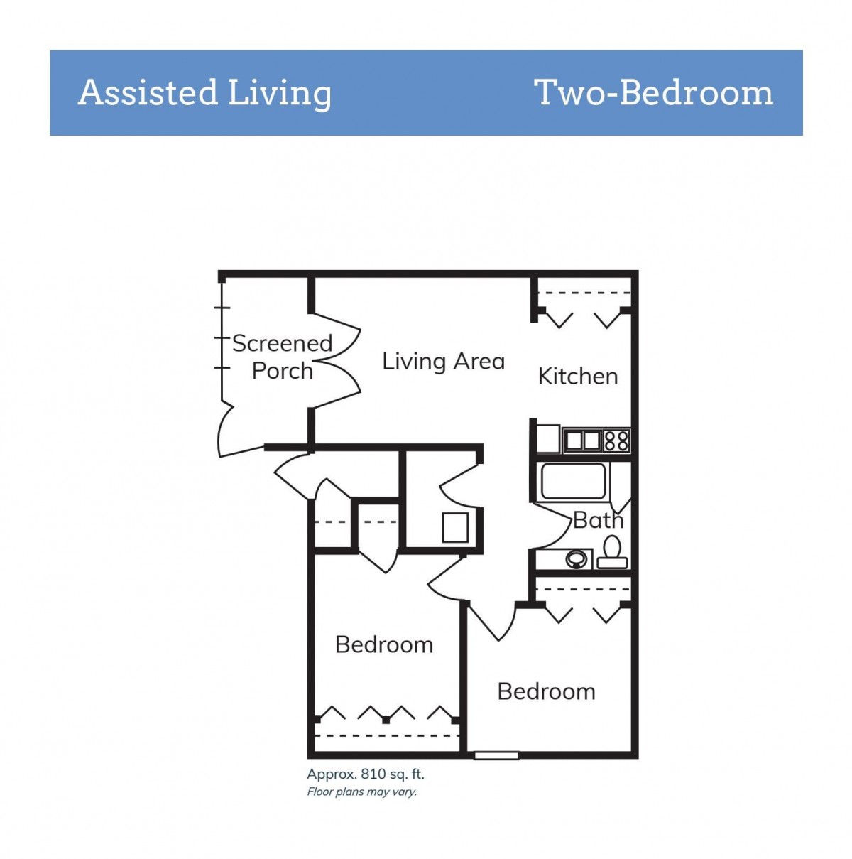 Floor plan of a two-bedroom assisted living unit.