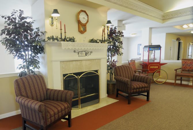 A cozy living room with a fireplace, adorned with decorative plants and comfortable chairs.