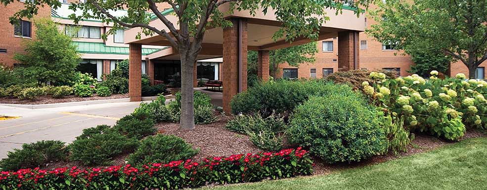 A landscaped entryway with flowers and greenery surrounding a building.