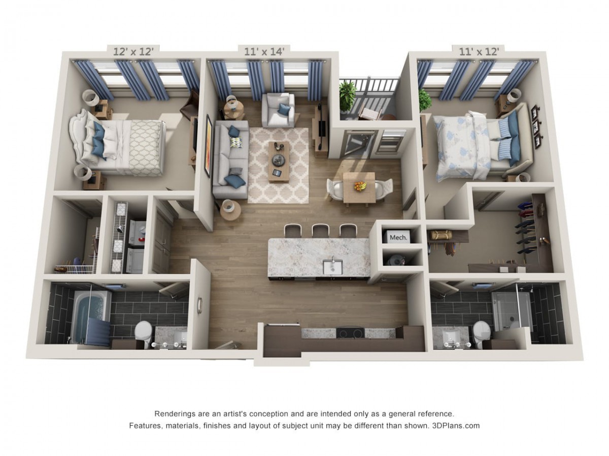 A 3D floor plan of a modern apartment showcasing two bedrooms, two bathrooms, and an open living area with a kitchen.